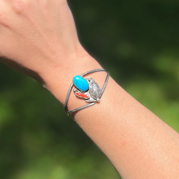 Vintage Red Coral & Turquoise Sterling Silver Cuff - Picture 2 of 16